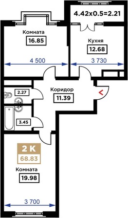 Планировка 2-комн 68,83 м²