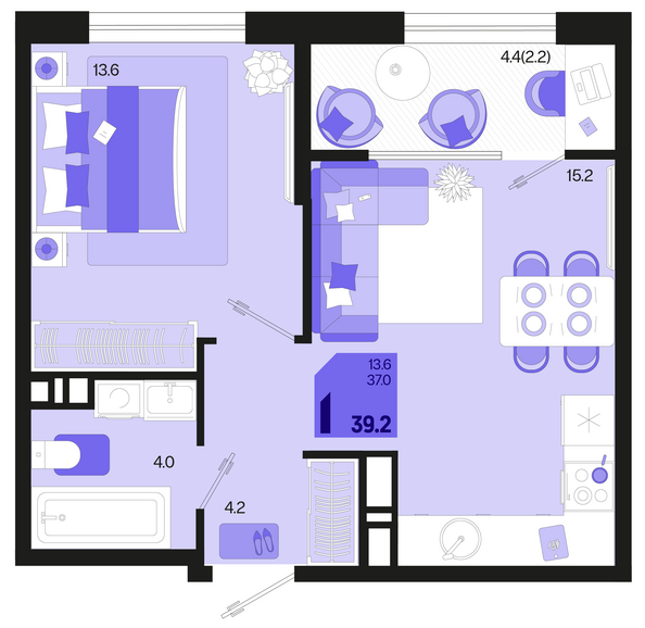 Планировка 1-комн 39,2, 40,2 м²