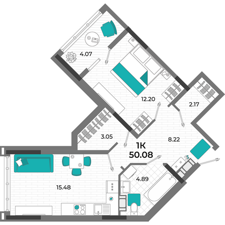 Планировка 1-комн 50,08 м²