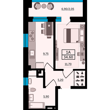 Планировка 1-комн 35 м²