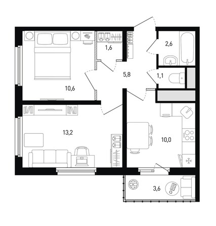 Планировка 2-комн 46 м²