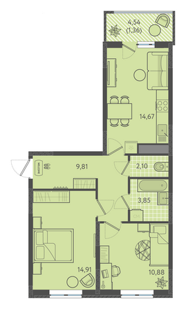 Планировка 2-комн 56,98 - 57,48 м²