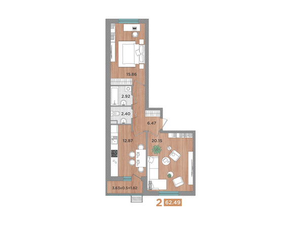 Планировка 2-комн 62,49 м²