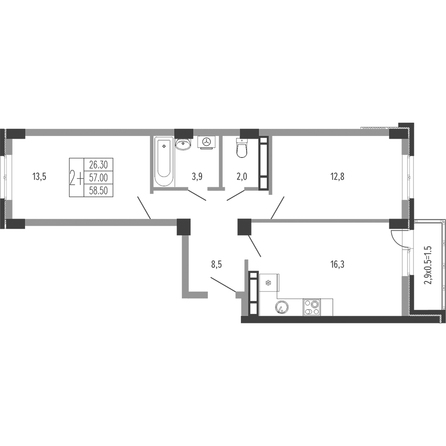 Планировка 2-комн 58,5 м²