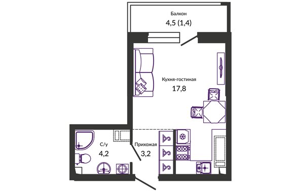 Планировка 1-комн 26,6 м²