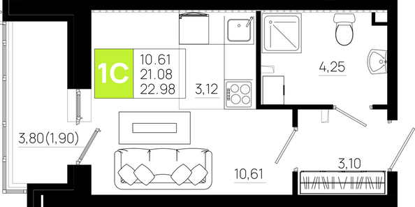 Планировка Студия 22,98 м²