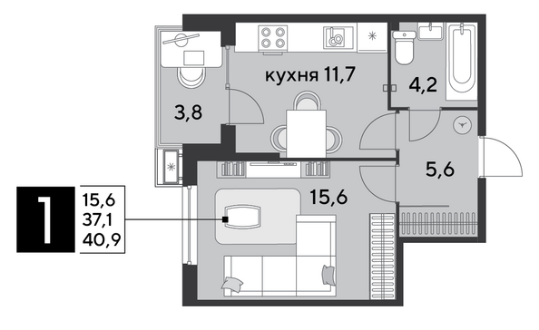 Планировка 1-комн 40,9 м²