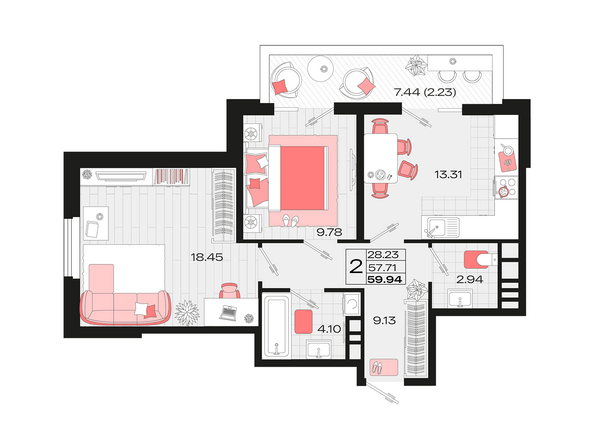 Планировка 2-комн 59,94 м²