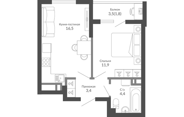 Планировка 1-комн 38 м²