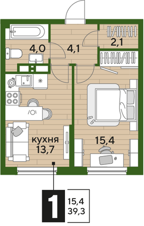 Планировка 1-комн 39,3 м²