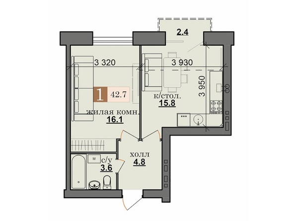 Планировка 1-комн 42,7 м²