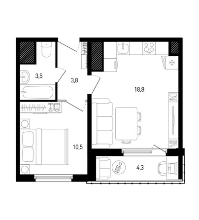 Планировка 1-комн 38,7 - 39,5 м²