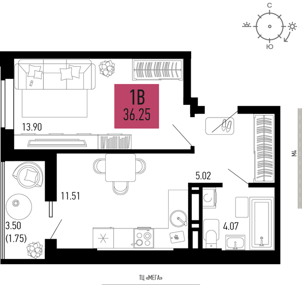 Планировка 1-комн 36,25 м²