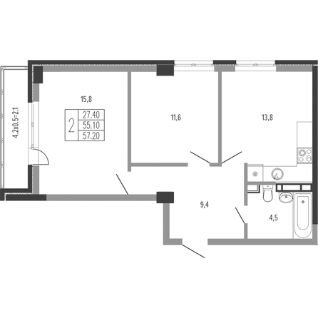 Планировка 2-комн 57,2 м²