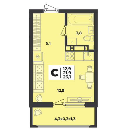 Планировка 1-комн 23,1 м²