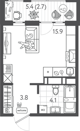 Планировка 1-комн 26,5 м²