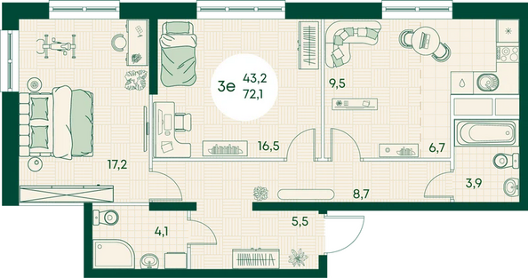 Планировка 3-комн 72,1 м²