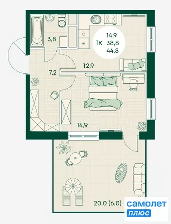 
  Продается 1-комн. квартира 44.8 м², в ЖК Green Apple (Грин эпл), блок 1. Фото 8.