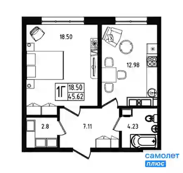 
   Продам 1-комнатную, 45.6 м², МЕГАСИТИ, литера 1.1

. Фото 4.