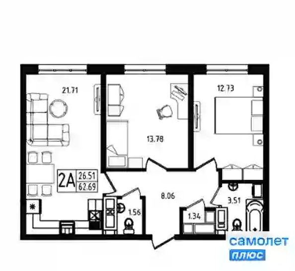 
   Продам 2-комнатную, 62.7 м², МЕГАСИТИ, литера 1.1

. Фото 4.