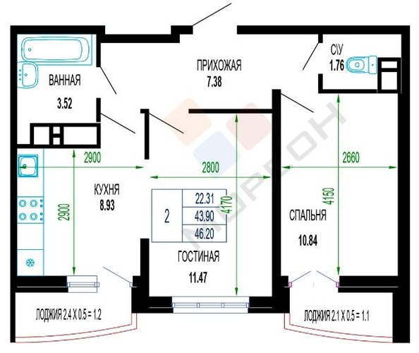 
   Продам 2-комнатную, 46.2 м², Лучший

. Фото 6.