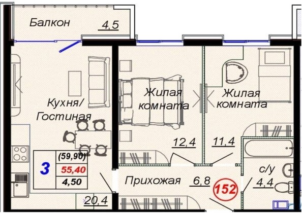 
   Продам 2-комнатную, 59.9 м², Российская ул, уч12

. Фото 13.