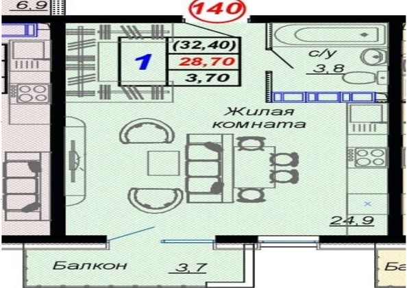 
   Продам 1-комнатную, 32.4 м², Российская ул, уч12

. Фото 8.