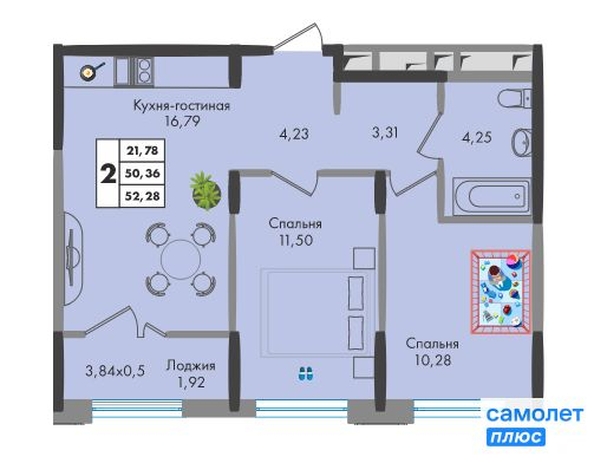 
   Продам 2-комнатную, 52.28 м², Зеленая территория, литера 1.1

. Фото 2.