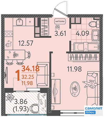 
   Продам 1-комнатную, 34.18 м², Кудухова Б.С. ул, 1

. Фото 2.