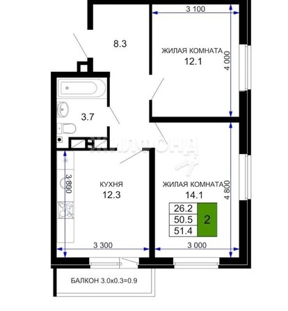 
   Продам 2-комнатную, 51.4 м², Позднякова ул, 2к18

. Фото 1.