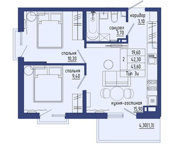 
   Продам 3-комнатную, 43.6 м², Резиденция Анаполис, дом 21

. Фото 2.