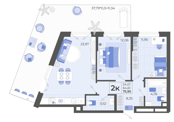 
   Продам 2-комнатную, 75.44 м², Высочество, литера 1

. Фото 4.