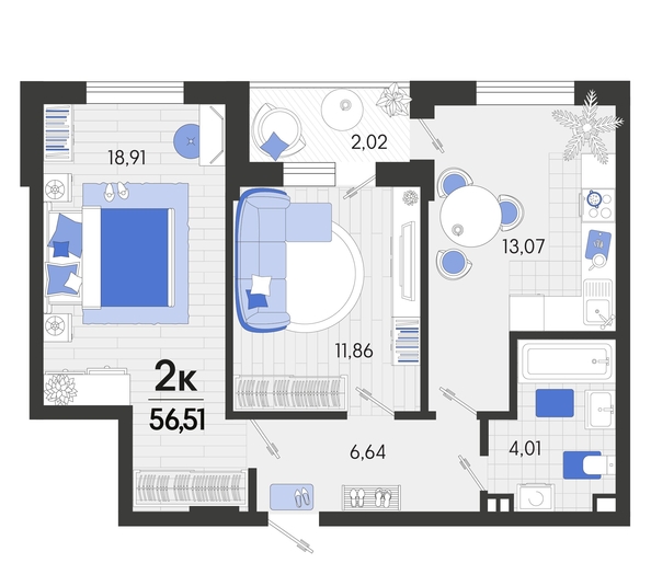 
   Продам 2-комнатную, 56.51 м², Белые росы, литера 8

. Фото 4.