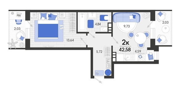 
   Продам 2-комнатную, 42.58 м², Белые росы, литера 9

. Фото 4.