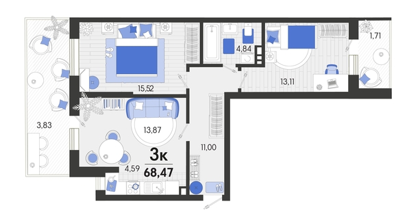 
   Продам 3-комнатную, 68.47 м², Белые росы, литера 9

. Фото 4.