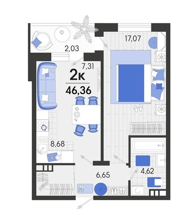 
   Продам 2-комнатную, 46.36 м², Белые росы, литера 9

. Фото 4.