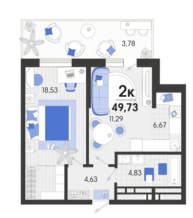 
   Продам 1-комнатную, 49.73 м², Белые росы, литера 9

. Фото 4.
