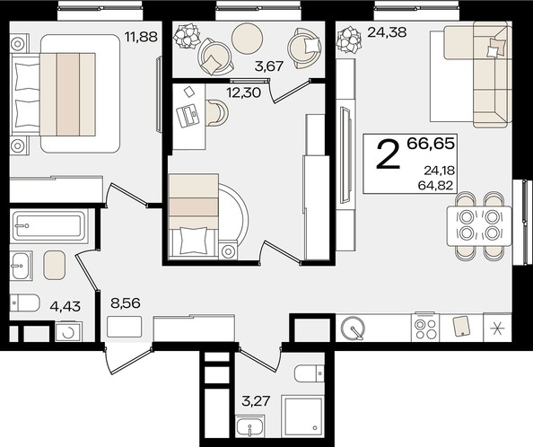 
   Продам 2-комнатную, 66.65 м², Патрики, литер 1.5

. Фото 2.