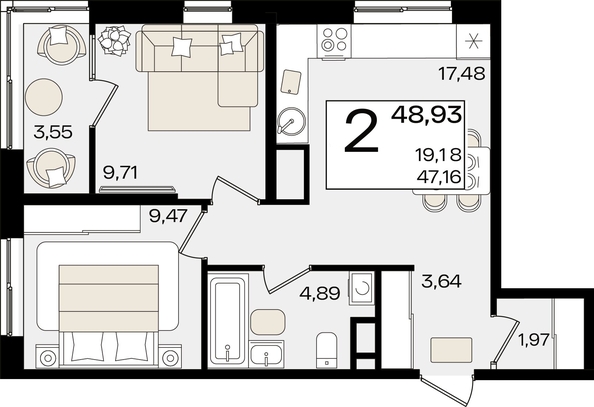 
   Продам 2-комнатную, 48.93 м², Патрики, литер 1.5

. Фото 2.