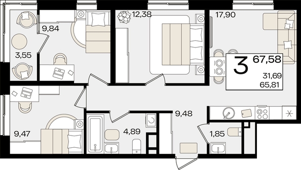 
   Продам 3-комнатную, 67.58 м², Патрики, литер 1.5

. Фото 2.