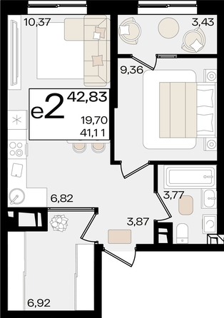 
   Продам 2-комнатную, 42.83 м², Патрики, литер 1.3

. Фото 2.