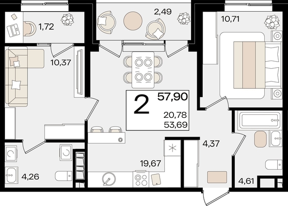 
   Продам 2-комнатную, 57.9 м², Патрики, литер 1.3

. Фото 2.