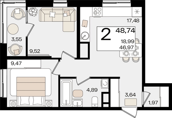 
   Продам 2-комнатную, 48.74 м², Патрики, литер 1.2

. Фото 2.