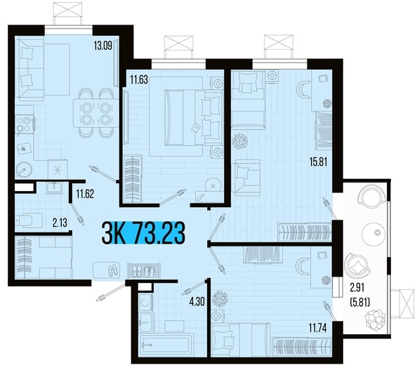 
   Продам 3-комнатную, 73.23 м², Цветной бульвар, литер 3

. Фото 4.
