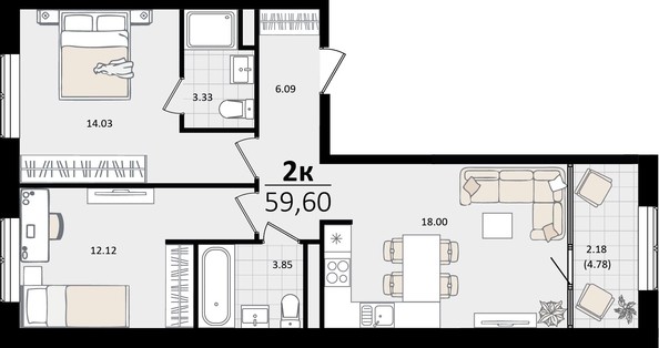 
   Продам 2-комнатную, 59.6 м², Патрики, литер 4.1

. Фото 4.