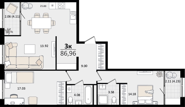 
   Продам 3-комнатную, 86.96 м², Патрики, литер 4.1

. Фото 4.