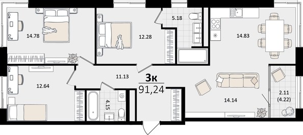 
   Продам 3-комнатную, 91.24 м², Патрики, литер 2

. Фото 4.
