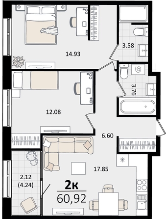 
   Продам 2-комнатную, 60.92 м², Патрики, литер 2

. Фото 4.