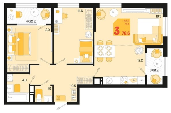 
   Продам 3-комнатную, 78.6 м², Первое место, квартал 1.1, литер 2

. Фото 1.