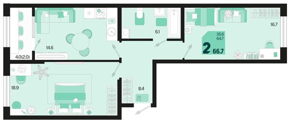 
   Продам 2-комнатную, 66.7 м², Первое место, квартал 1.1, литер 2

. Фото 2.